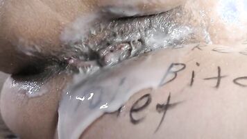 A very huge creampie leaking from pregnant holes of cheating wife Milky Mari after no-condom gangbang!